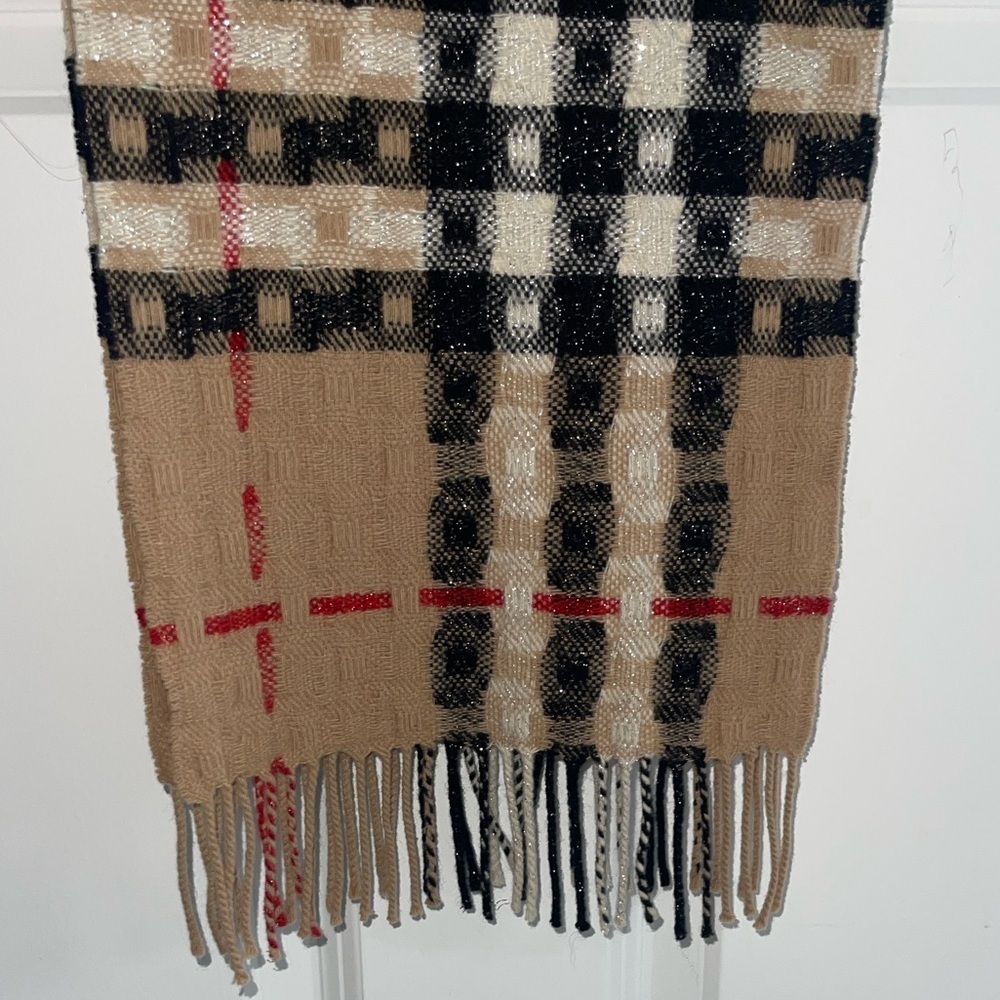 BURBERRY Glitter Tan Checkered Wool Scarf Woven Textured Fringe L: 56" x W: 14" - Picture 7 of 8